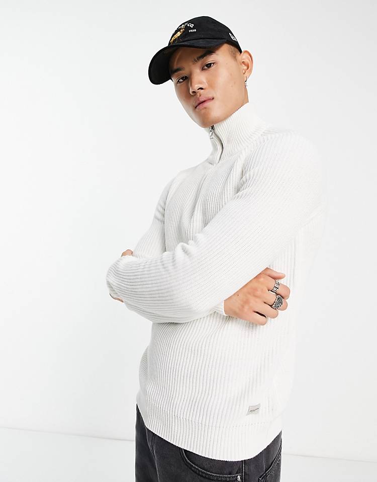 Jack & Jones Originals ribbed half zip sweater in ecru